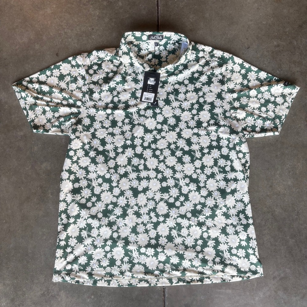 Bad Birdie Golf Polo Shirt Men's 2XL Green Cream Daisy Floral Print Summer Party